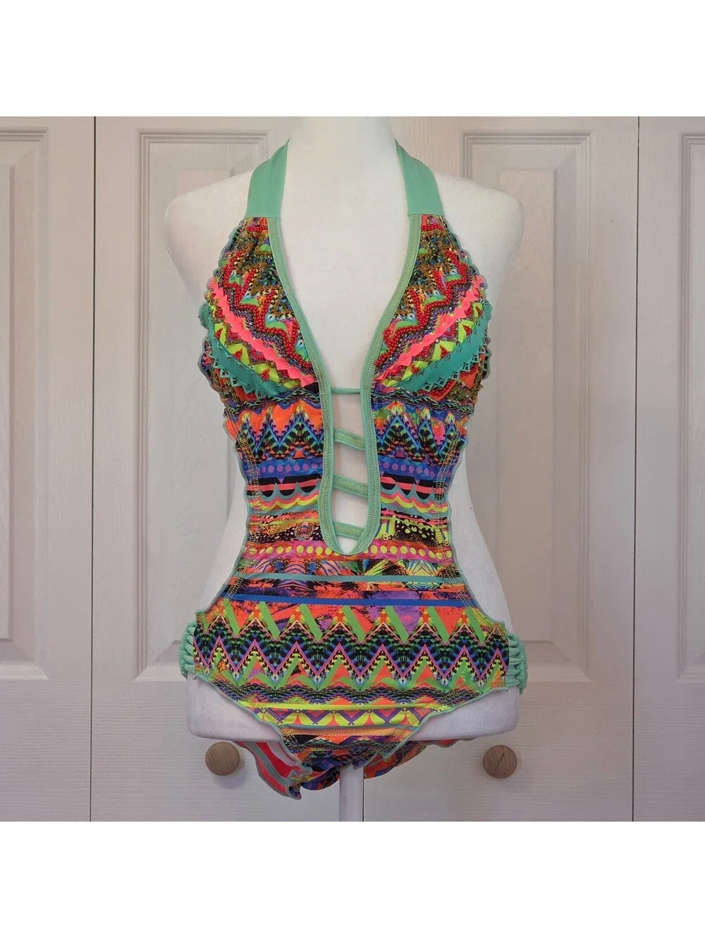 Vintage Y2K Beaded Geometric Print Swimsuit Boho Tropical Halter Deep Plunge